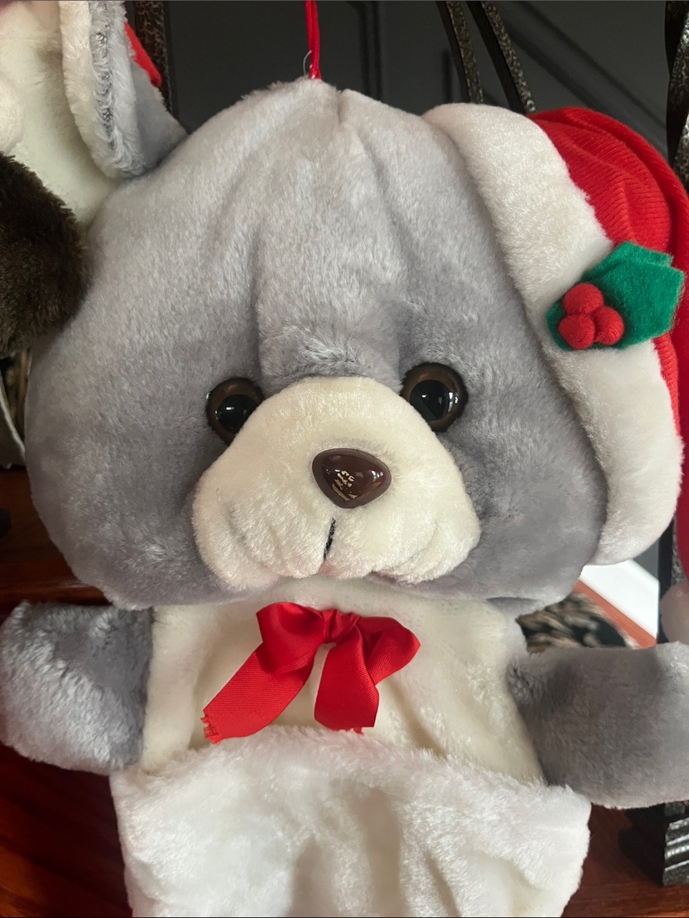 Plush Bear Christmas Stockings - Brown and Gray Bears with Red Hats - Picture 3 of 7